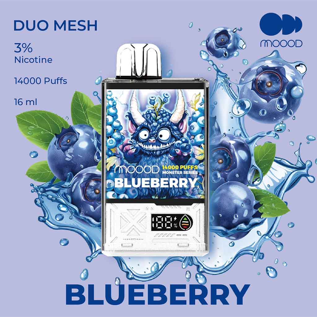 พอจดิจิตอล-แบบใช้แล้วทิ้ง-แบบใหม่ล่าสุด-MOOOD-MONSTER-SERIES-14000-PUFFS-รสชาติ-Blueberry-14000คำ