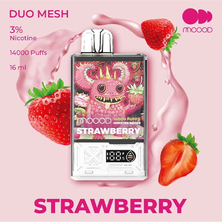 พอตดิจิตอล-ใช้แล้วทิ้ง-ราคาถูก-14000คำ-MOOOD-MONSTER-SERIES-14000-PUFFS-กลิ่น-Strawberry