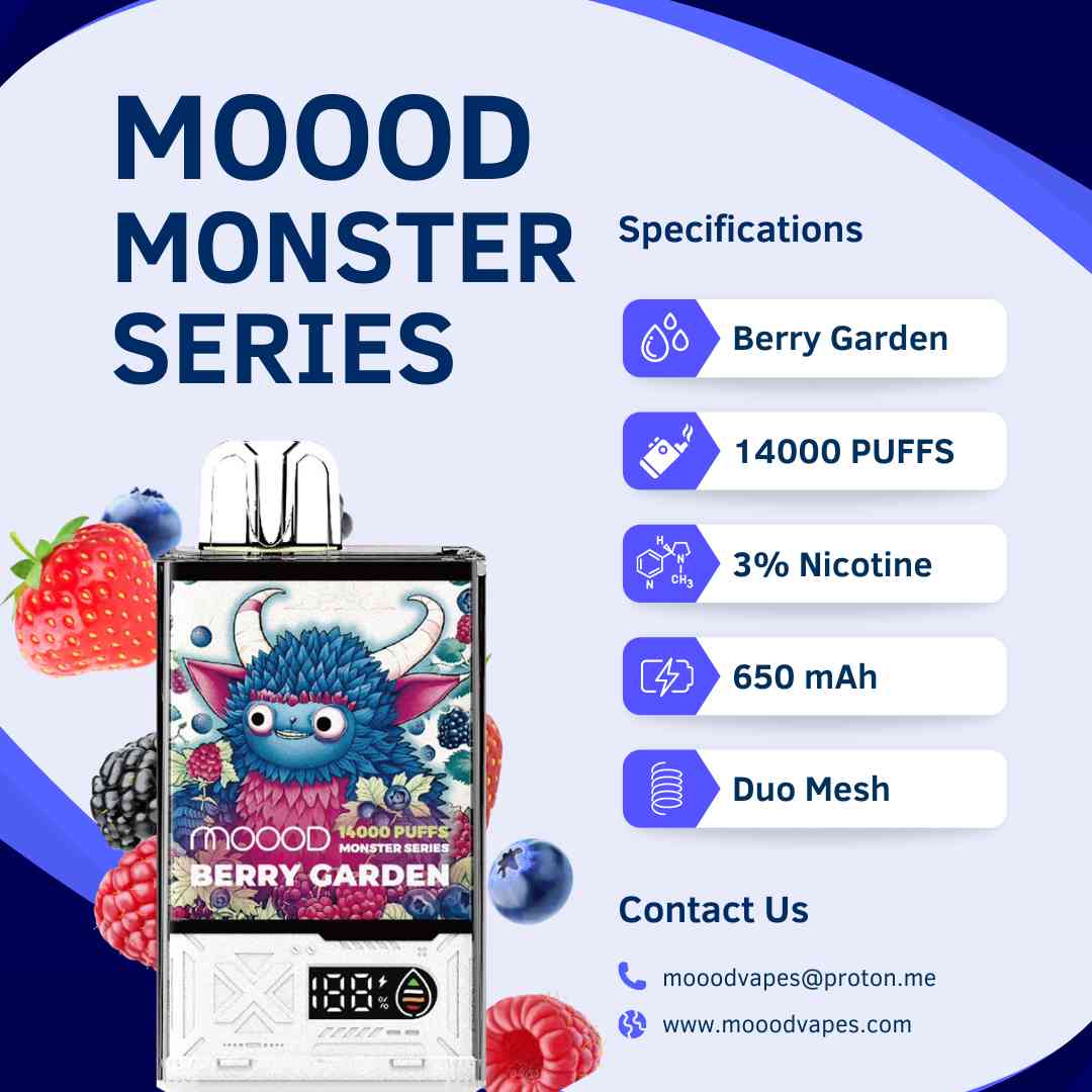 พอตใช้แล้วทิ้ง Disposable pod ล่าสุด ชาร์จได้ บุหรี่ไฟฟ้าที่ดีที่สุด 14000คำ แบรนด์ MOOOD MONSTER SERIES กลิ่น Berry Garden