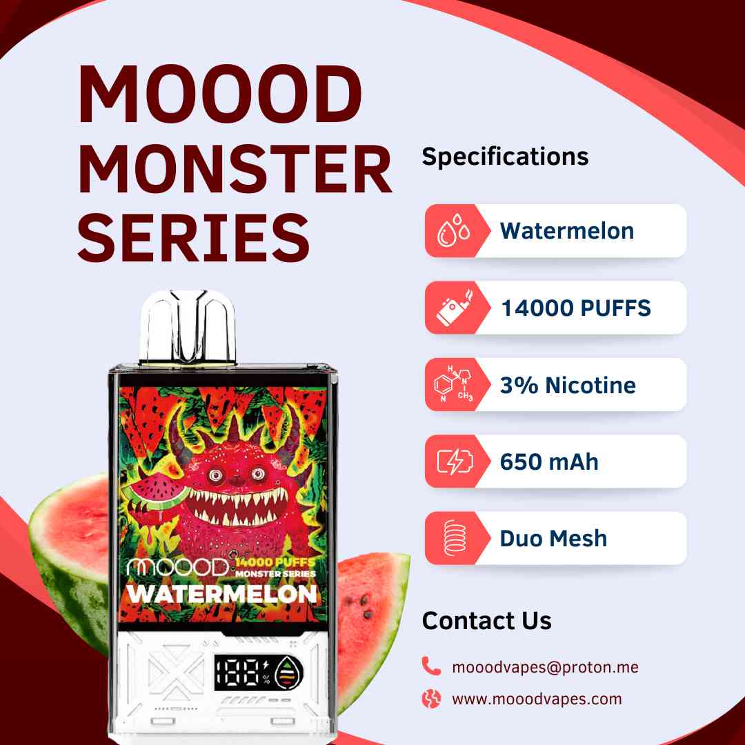 พอตใช้แล้วทิ้ง Disposable pod ล่าสุด ชาร์จได้ บุหรี่ไฟฟ้าที่ดีที่สุด 14000คำ แบรนด์ MOOOD MONSTER SERIES กลิ่น Watermelon