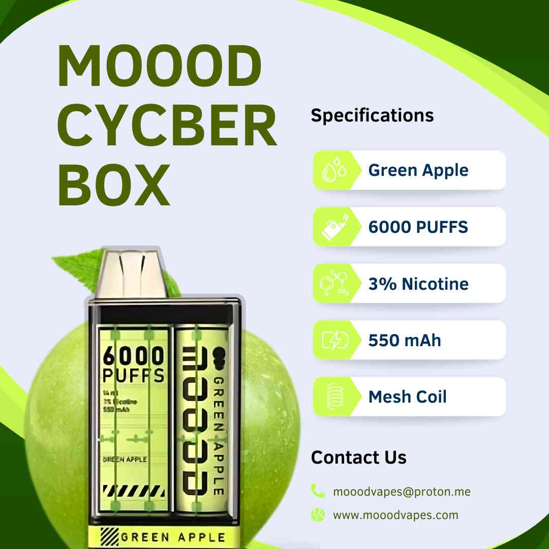 พอตใช้แล้วทิ้ง Disposable pod ล่าสุด ชาร์จได้ บุหรี่ไฟฟ้าที่ดีที่สุด 6000คำ แบรนด์ MOOOD Cycber Box กลิ่น Green Apple