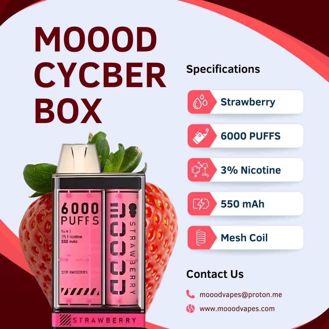 พอตใช้แล้วทิ้ง Disposable pod ล่าสุด ชาร์จได้ บุหรี่ไฟฟ้าที่ดีที่สุด 6000คำ แบรนด์ MOOOD Cycber Box กลิ่น STRAWBERRY