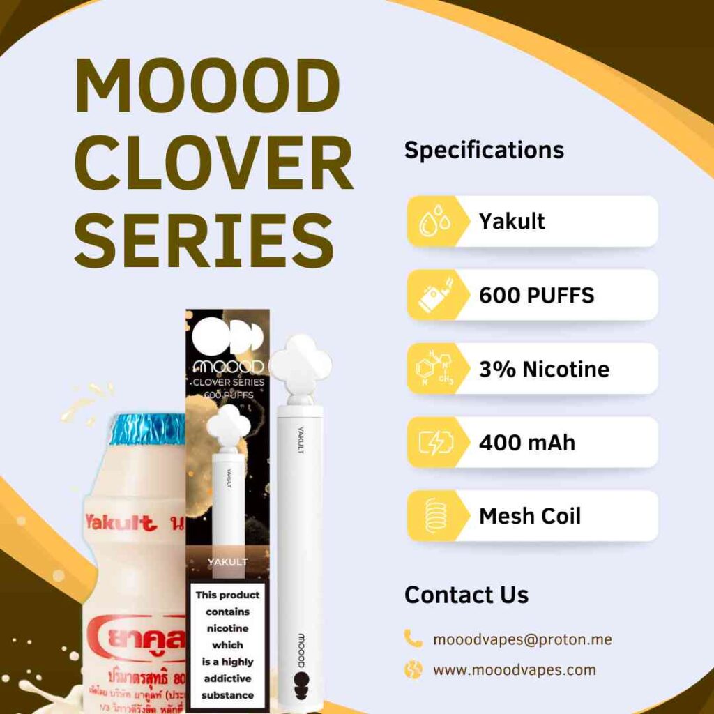 พอตใช้แล้วทิ้ง Disposable pod ล่าสุด ชาร์จได้ บุหรี่ไฟฟ้าที่ดีที่สุด 600คำ แบรนด์ MOOOD Clover Series กลิ่น Yakult