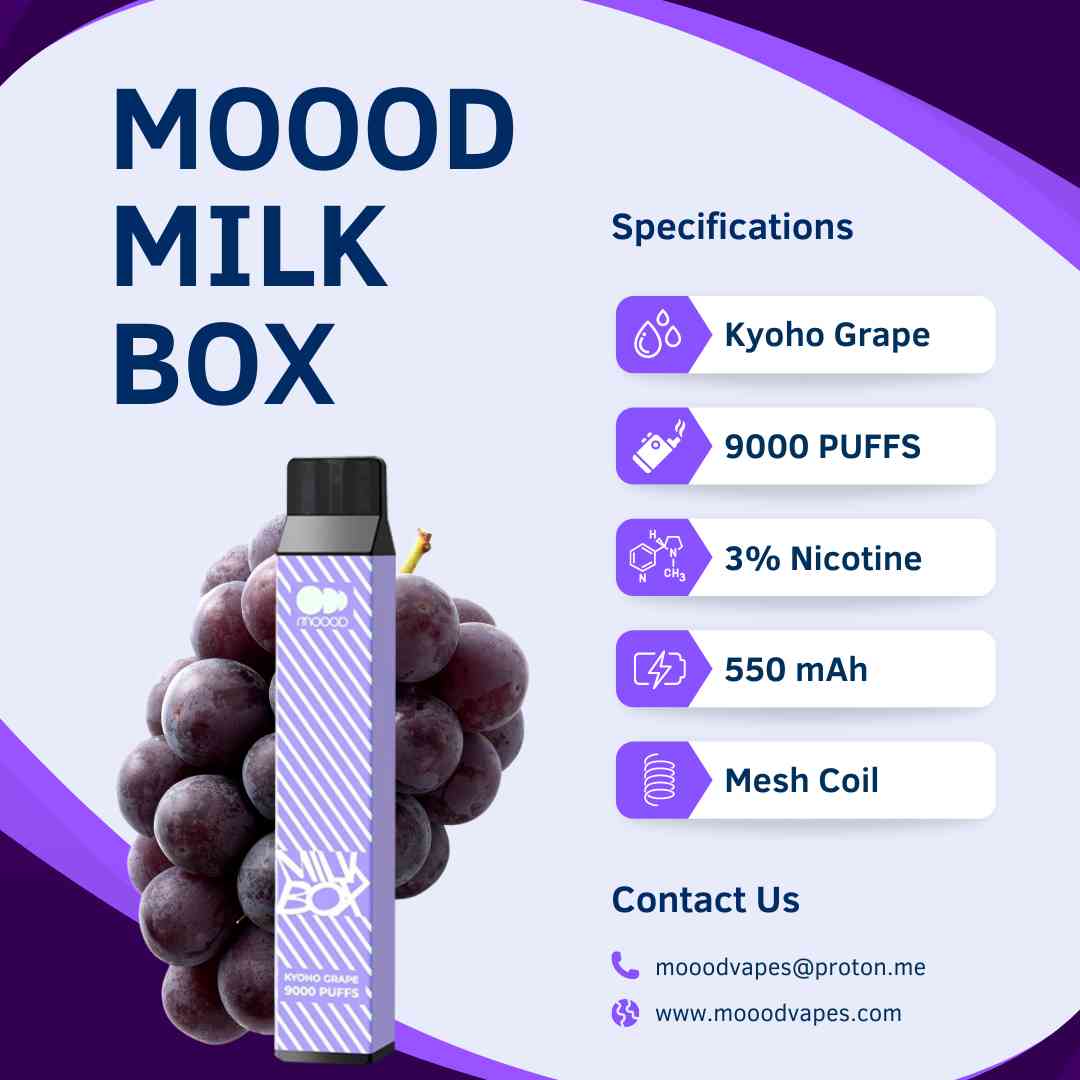 พอตใช้แล้วทิ้ง Disposable pod ล่าสุด ชาร์จได้ บุหรี่ไฟฟ้าที่ดีที่สุด 9000คำ แบรนด์ MOOOD MILK BOX รสชาติ Kyoho Grape