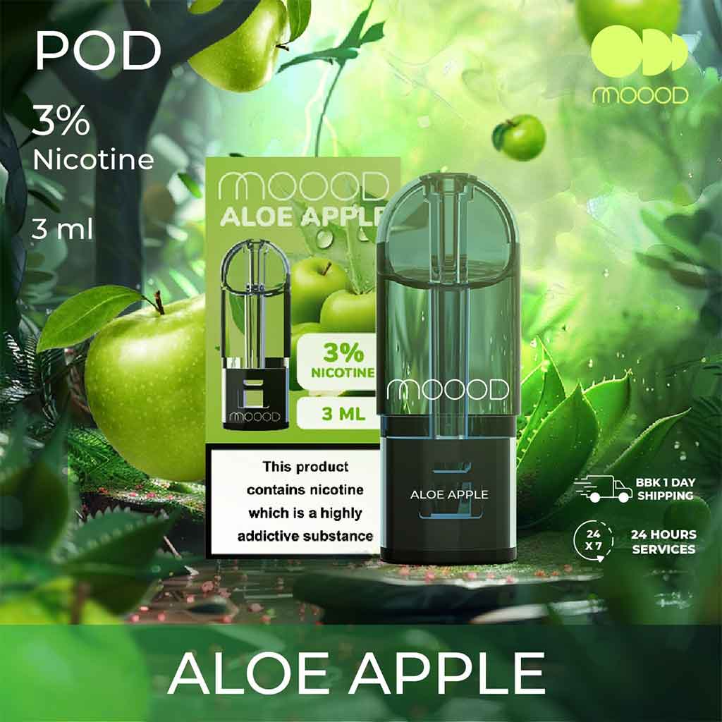 หัวน้ำยาพอตไฟฟ้าสำเร็จ-MOOOD-POD-3%-Nicotine-3ml-กลิ่น-Aloe-apple