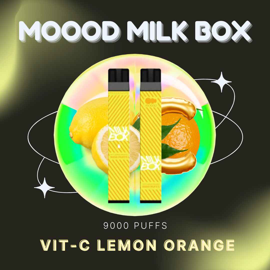 MOOOD MILK BOX 9000 PUFFS พอตใช้แล้วทิ้งชาร์จได้ 9000คำ กลิ่น Vit-c lemon orange