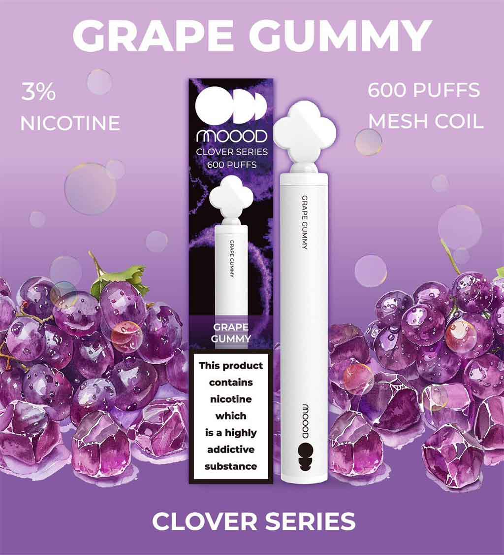 พอตไฟฟ้าใช้แล้วทิ้ง-แบบใหม่ล่าสุด-ขนาดเล็ก-พอต-MOOOD-CLOVER-SERIES-600-PUFFS-กลิ่น-Grape-Gummy-600คำ