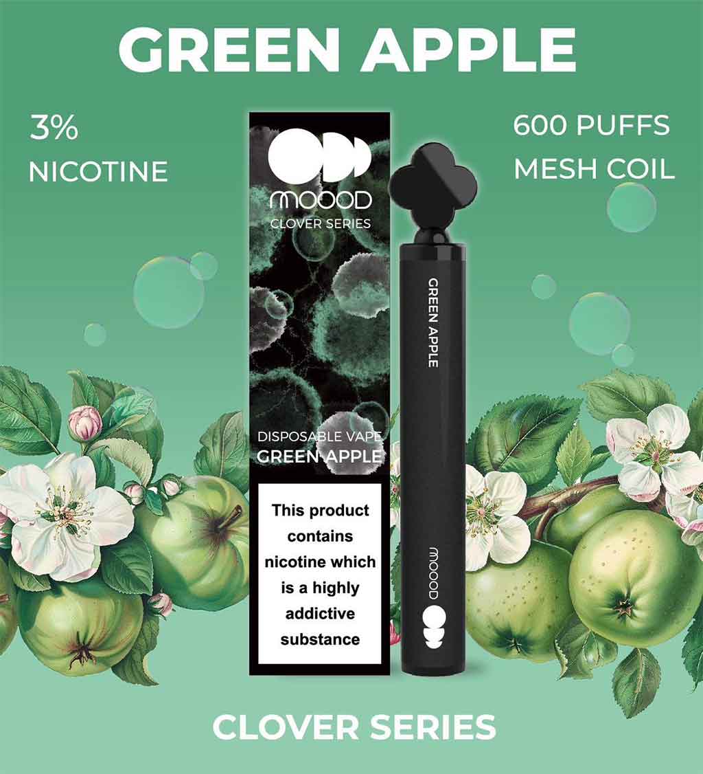 พอตไฟฟ้าใช้แล้วทิ้ง-แบบใหม่ล่าสุด-ขนาดเล็ก-พอต-MOOOD-CLOVER-SERIES-600-PUFFS-กลิ่น-Green-apple-600คำ