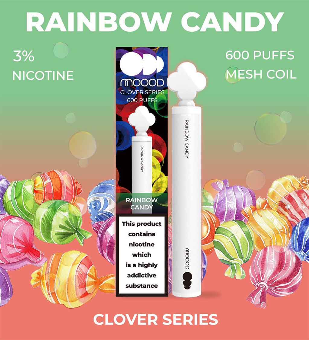 พอตไฟฟ้าใช้แล้วทิ้ง-แบบใหม่ล่าสุด-ขนาดเล็ก-พอต-MOOOD-CLOVER-SERIES-600-PUFFS-กลิ่น-Rainbow-Candy-600คำ