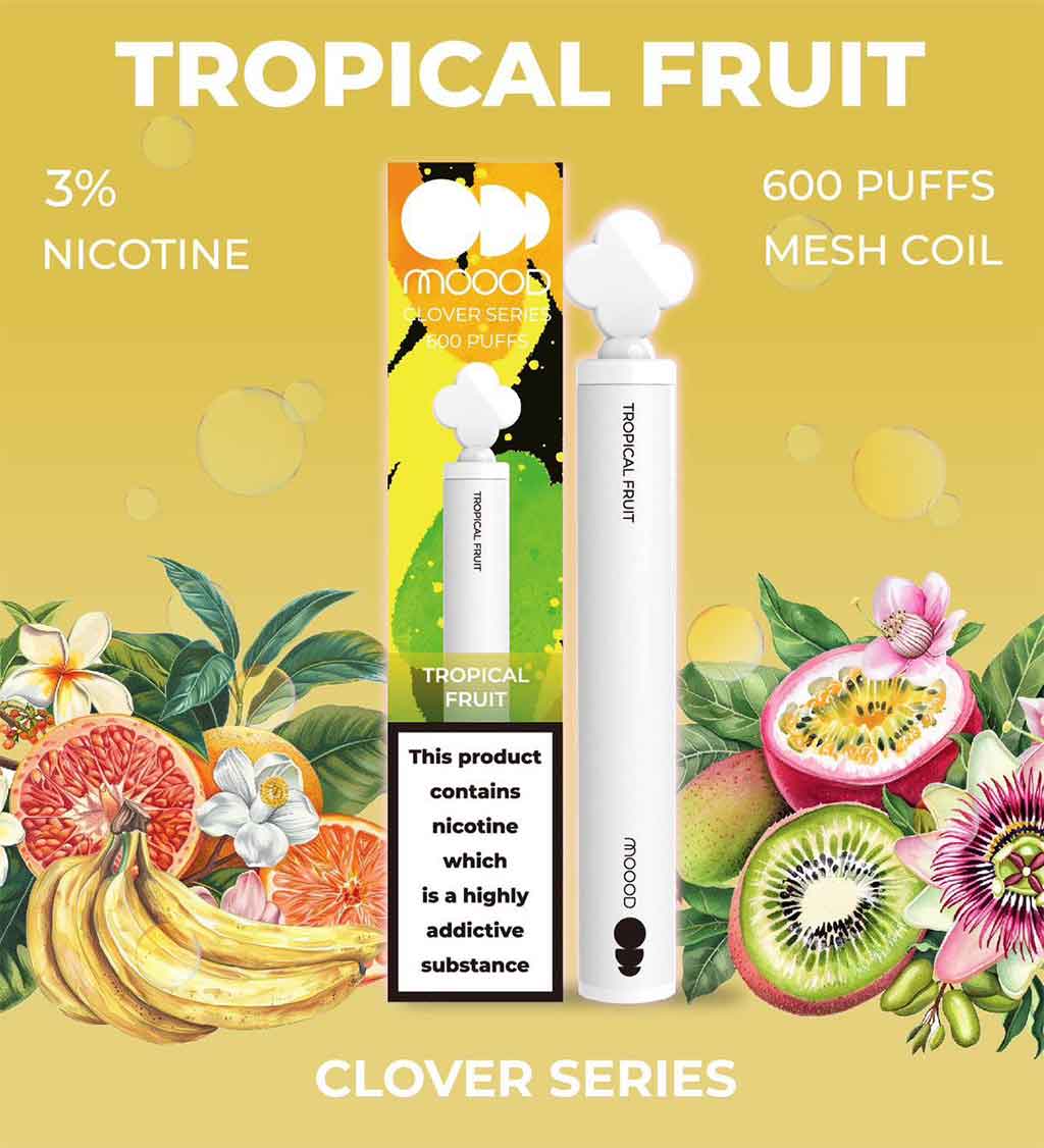 พอตไฟฟ้าใช้แล้วทิ้ง-แบบใหม่ล่าสุด-ขนาดเล็ก-พอต-MOOOD-CLOVER-SERIES-600-PUFFS-กลิ่น-Tropical-Fruit-600คำ