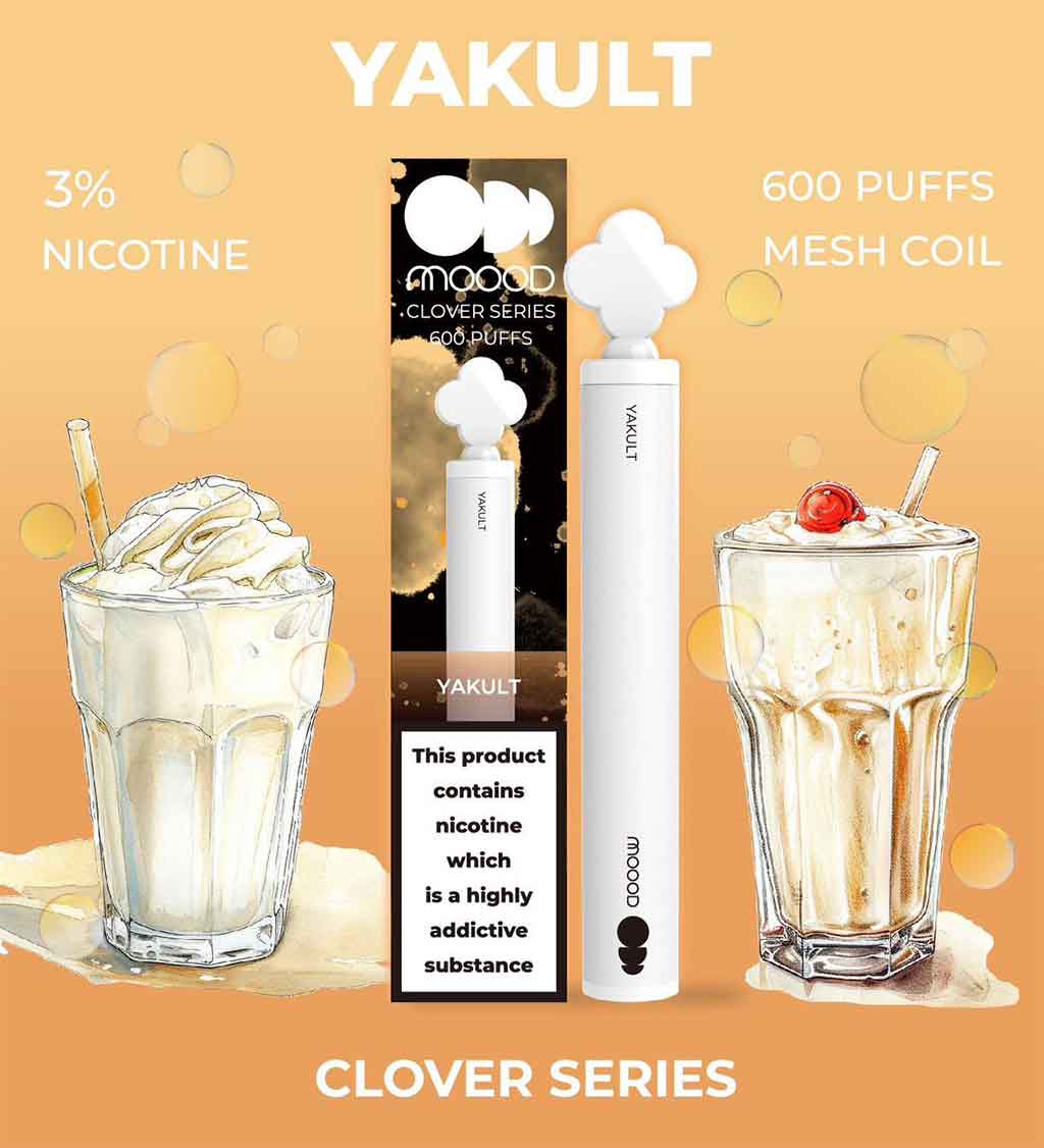 พอตไฟฟ้าใช้แล้วทิ้ง-แบบใหม่ล่าสุด-ขนาดเล็ก-พอต-MOOOD-CLOVER-SERIES-600-PUFFS-กลิ่น-Yakult-600คำ